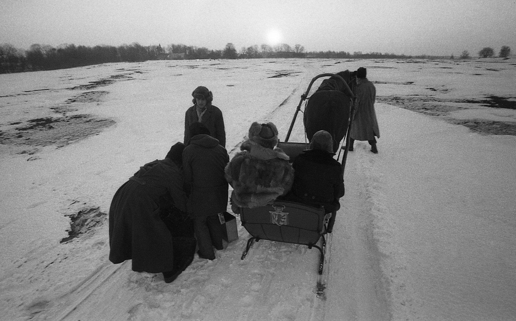 Filmi “Õpetaja” võtted 1979.aastal. Hobuste killavoorid jääl ja lumel. 