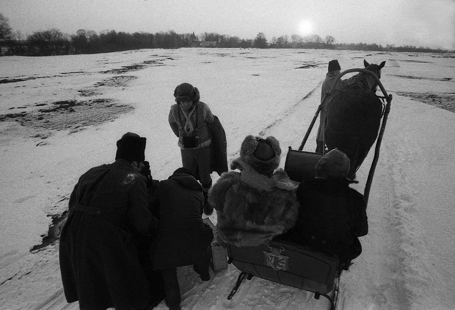Filmi “Õpetaja” võtted 1979.aastal. Hobuste killavoorid jääl ja lumel. 