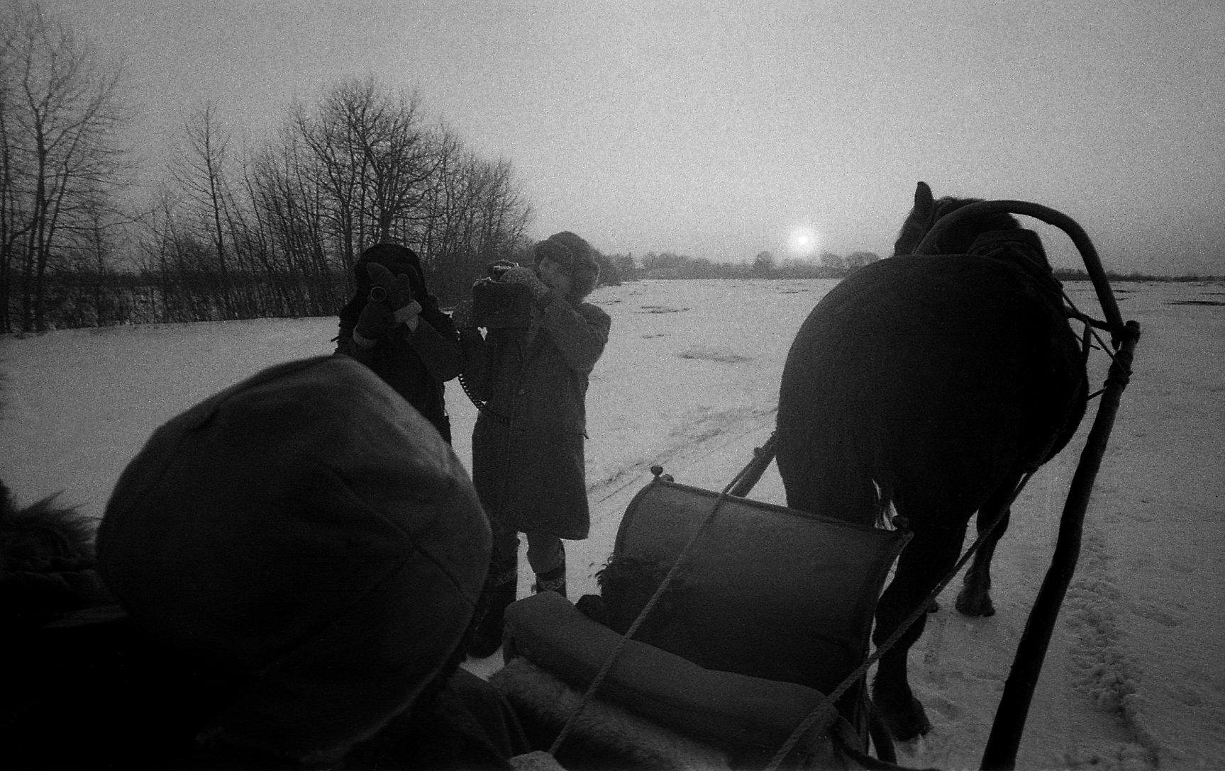 Filmi “Õpetaja” võtted 1979.aastal. Hobuste killavoorid jääl ja lumel. 