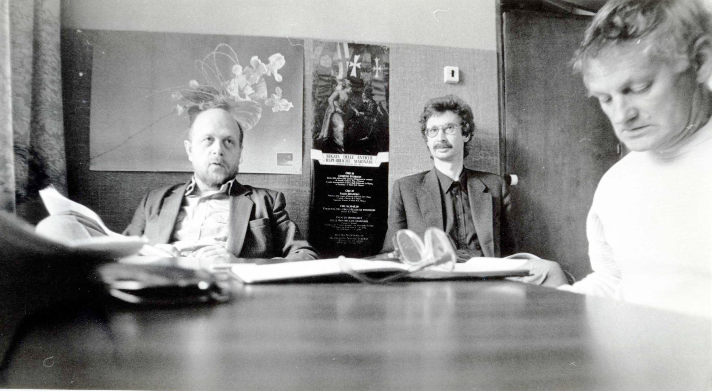 Tallinnfilmis 1988. aasta septembris. Fotol vasakult:  Jüri Škubel, Andres Valkonen, Andres Sööt